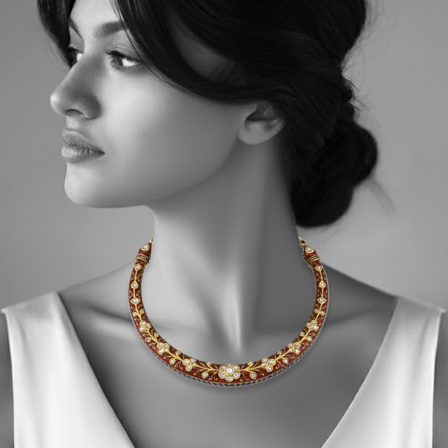 Floral Hasli with Uncut Polki & Red Enamel Detailing